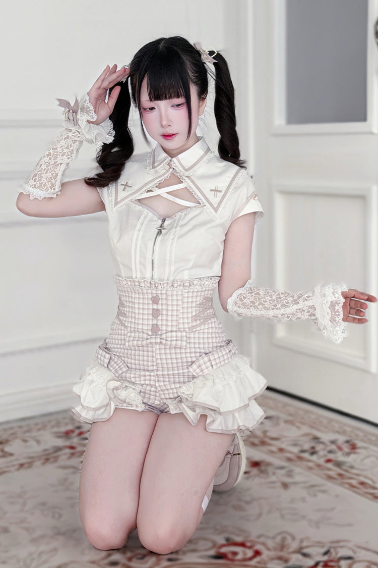 Jirai Kei Lapel Collar Short Sleeves Printed Ruffled Cut-Out Lace Sweet Japanese Knight Shorts Set 2 Colors - Product - 8