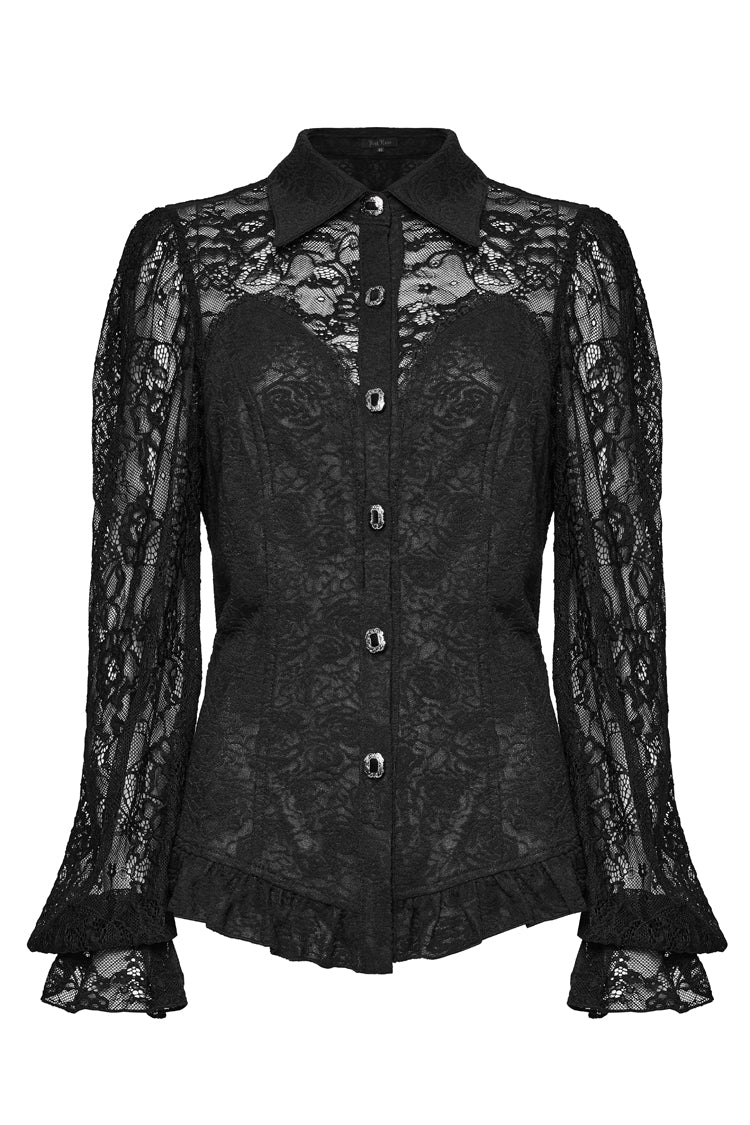 Black Lapel Collar Puff Sleeves Ruffle Stitching Lace Women's Gothic Blouse - Product - 5