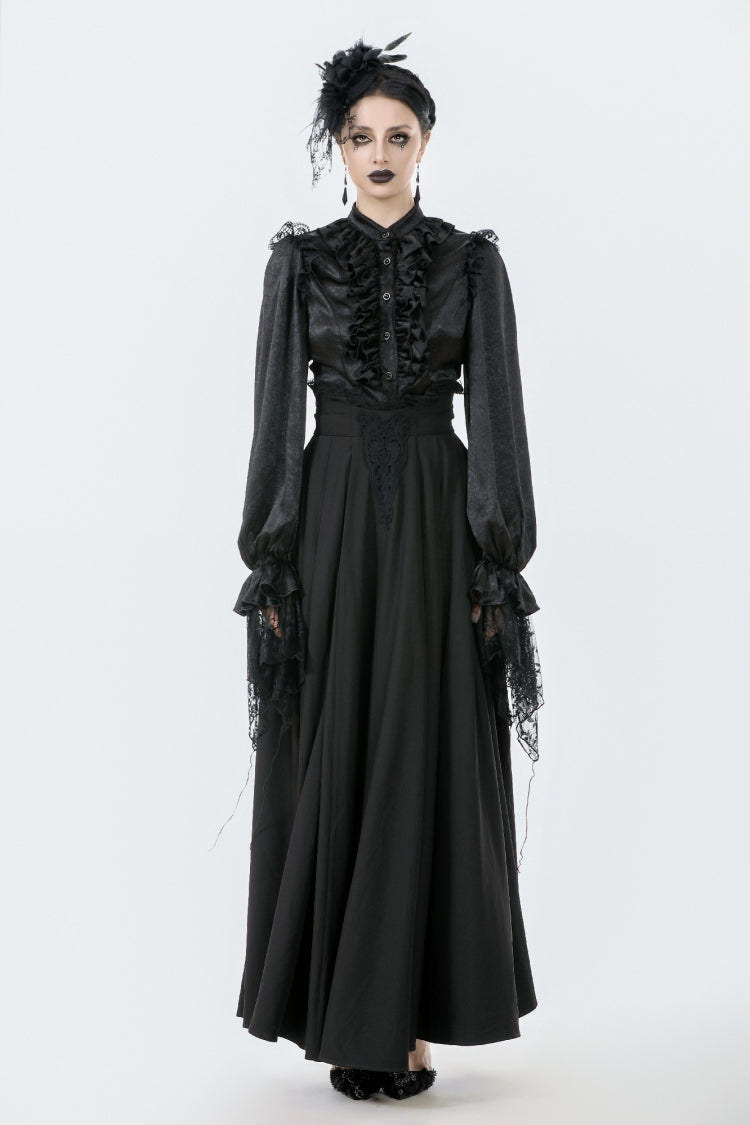 Black Embroidered Lace Trim Pleated Women's Gothic Maxi Skirt - Product - 6