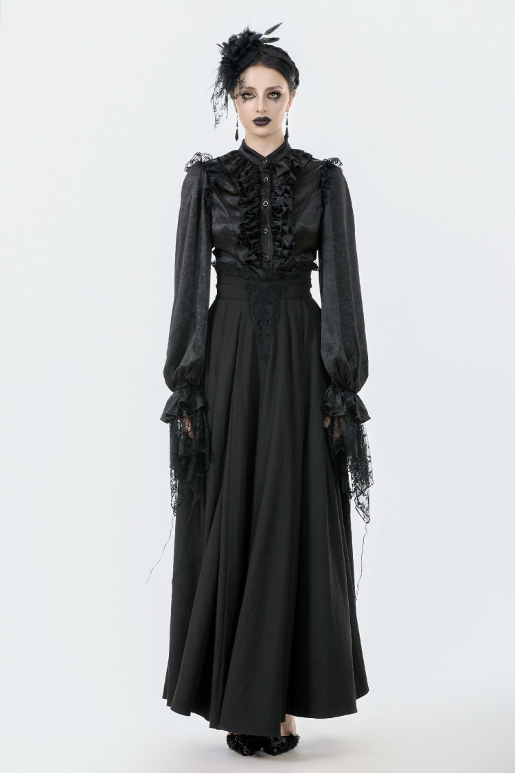Black Embroidered Lace Trim Pleated Women's Gothic Maxi Skirt - Product - 6