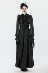 Black Embroidered Lace Trim Pleated Women's Gothic Maxi Skirt - Product - 6
