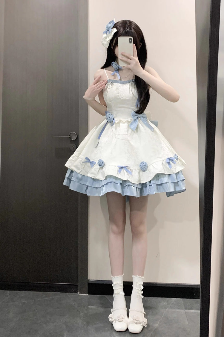 Apricot/Blue Print Ruffle Bowknot Sweet Princess Lolita Jsk Dress - Product - 9