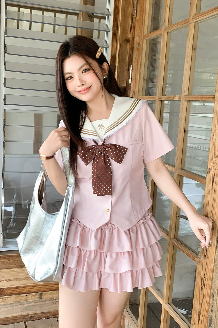 Pink Short Sleeves Triple-Layered Ruffled Bow Plus Size Japanese Preppy Style Sweet Sailor Collar Two-piece Set - Product - 4
