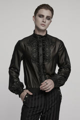Black Stand Collar Long Sleeves Ruffle Embroidery Men's Gothic Blouse - Black - 1