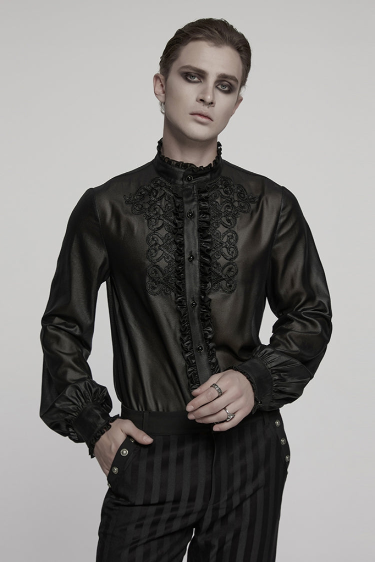 Black Stand Collar Long Sleeves Ruffle Embroidery Men's Gothic Blouse - Black - 1
