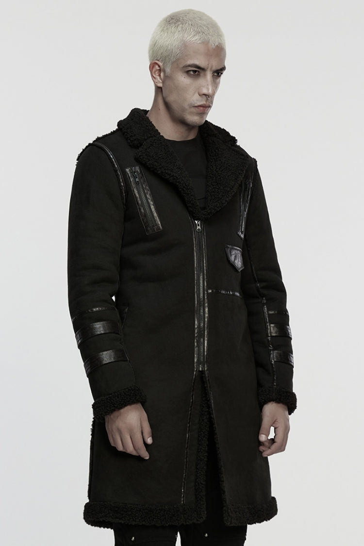 Black Plush Lapel Collar Sleeveless Asymmetric Zipper Men's Gothic Jacket - Product - 2