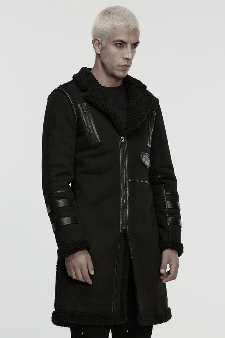 Black Plush Lapel Collar Sleeveless Asymmetric Zipper Men's Gothic Jacket - Product - 2