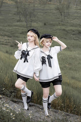 Black/White [Old Stories] Navy Collar Long Sleeves Bowknot Ouji Gothic Lolita Blouse Shorts Set - Product - 2