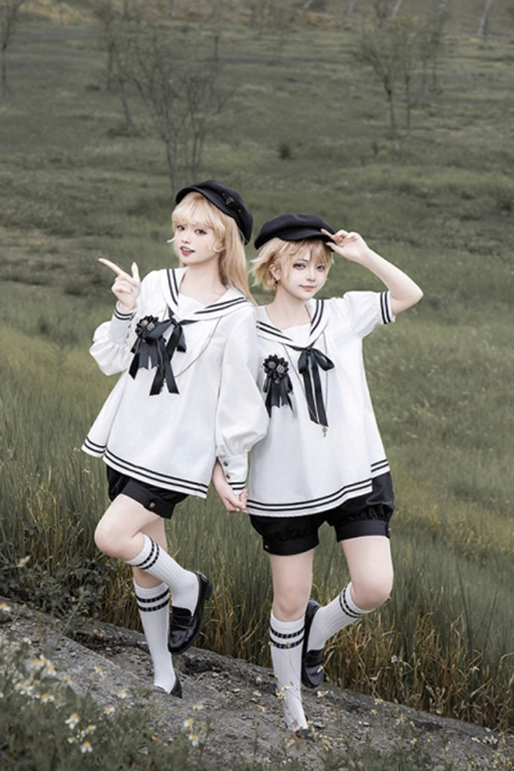 Black/White [Old Stories] Navy Collar Short Sleeves Bowknot Ouji Gothic Lolita Blouse Shorts Set - Product - 2