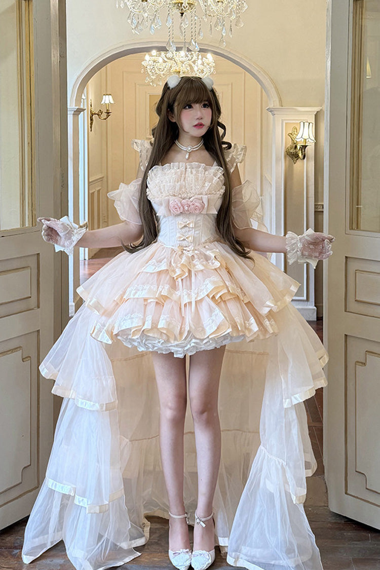 Pink [Mousse Love Song] Off Shoulder Sleeveless Triple-Layered Ruffled Hanayome Bow Sweet Elegant Ballet Lolita Short Dress Set - Pink(Set) - 1
