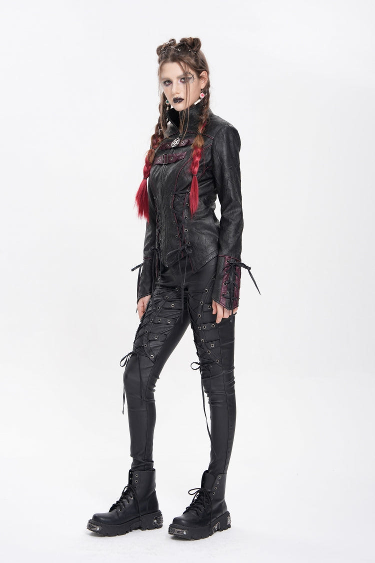 Black Pentacle Lace-Up Buckle Women's Punk Jacket - Product - 8
