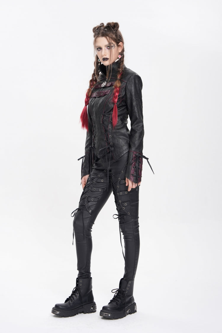 Black Pentacle Lace-Up Buckle Women's Punk Jacket - Product - 8