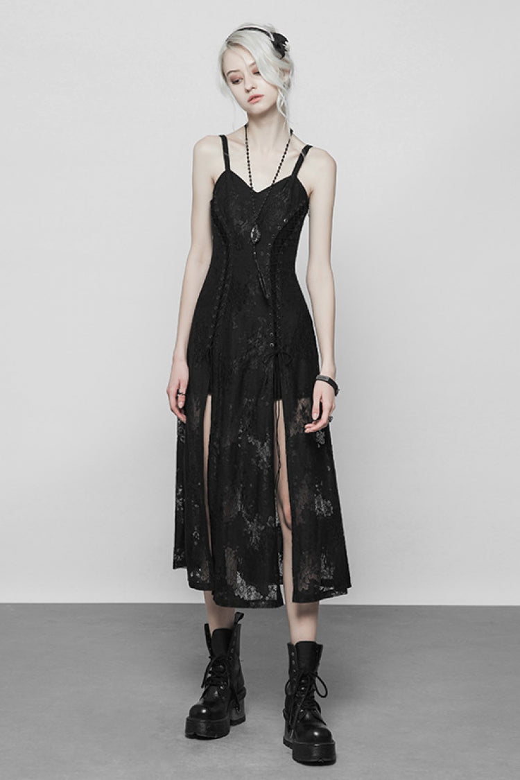 Black Lace Women's Bandage Strap Gothic Vintage Long Dress - Product - 2