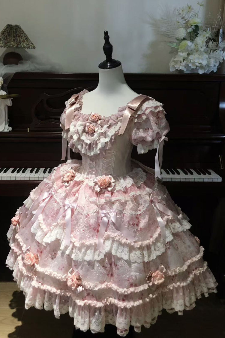 Pink [Rose Manor] Short Puff Sleeves Ruffle Bowknot Lace Sweet Japanese Princess Lolita Dress - Product - 2