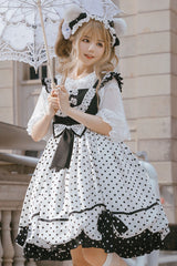 White/Black Polka Dot Print Bowknot Princess Sweet Lolita Suspender Dress - Product - 4