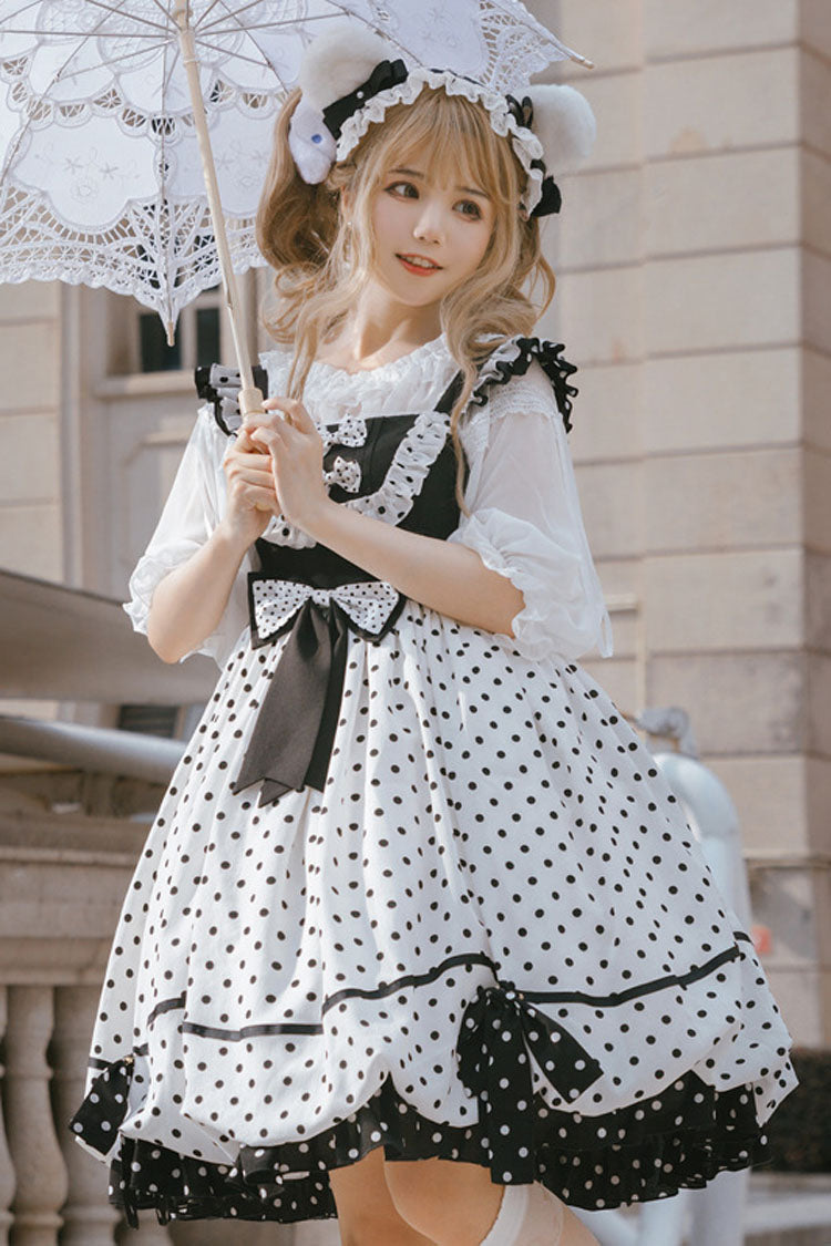 White/Black Polka Dot Print Bowknot Princess Sweet Lolita Suspender Dress - Product - 4