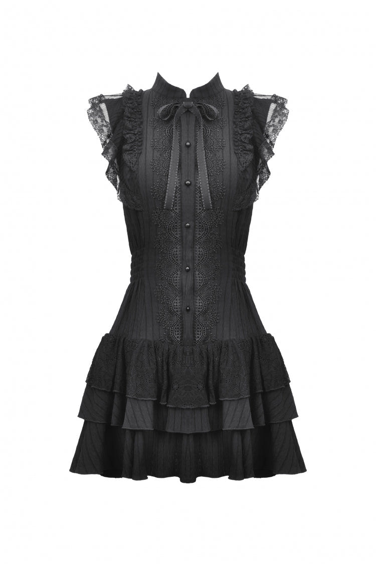 Black Lace Ruffled Stand Collar Bow Sleeveless Triple-Layered Hem Women's Gothic Dress - Product - 3