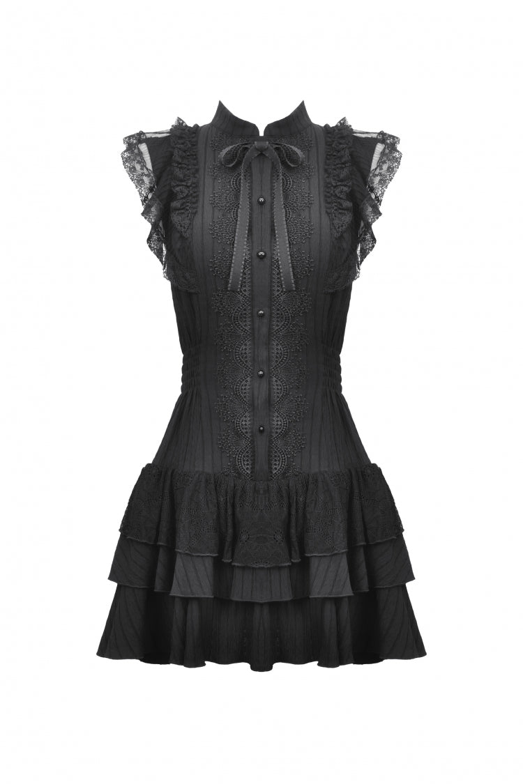 Black Lace Ruffled Stand Collar Bow Sleeveless Triple-Layered Hem Women's Gothic Dress - Product - 3