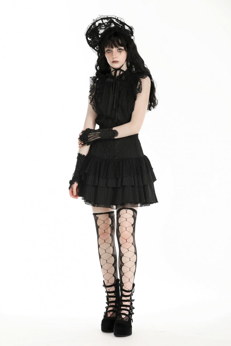 Black Lace Ruffled Stand Collar Bow Sleeveless Triple-Layered Hem Women's Gothic Dress - Product - 10