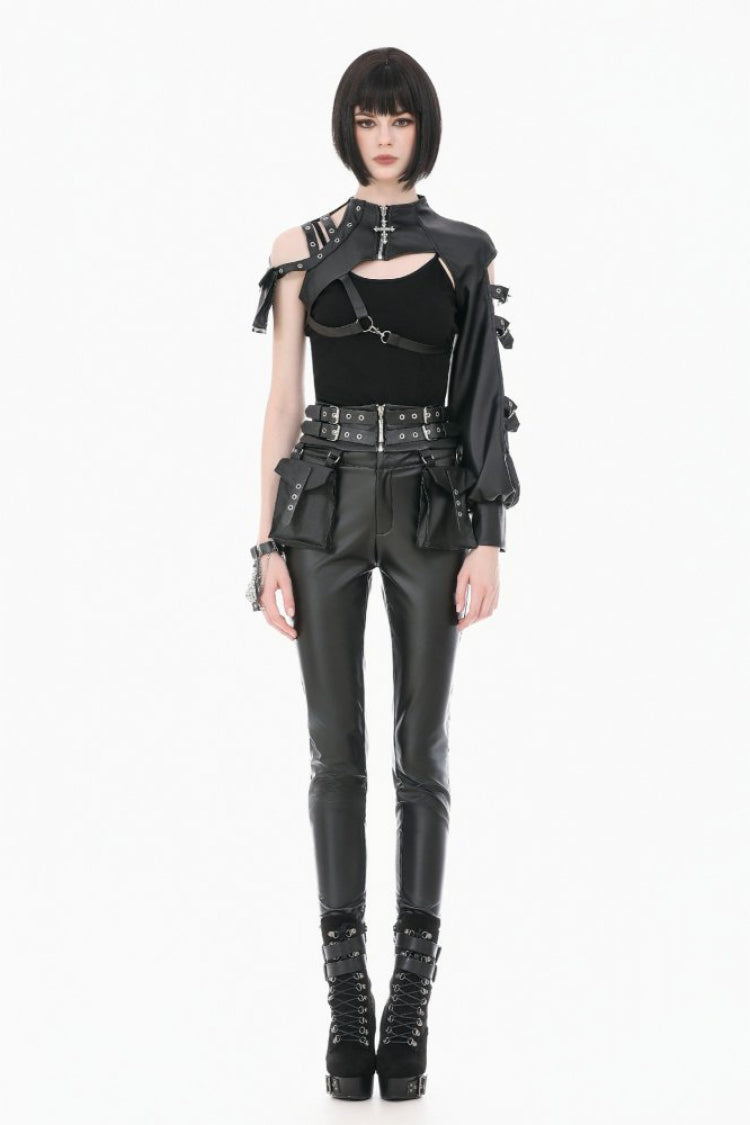 Black Eyelet Buckled Zippered Women's Punk Leather Belt with Side Pouches - Product - 8