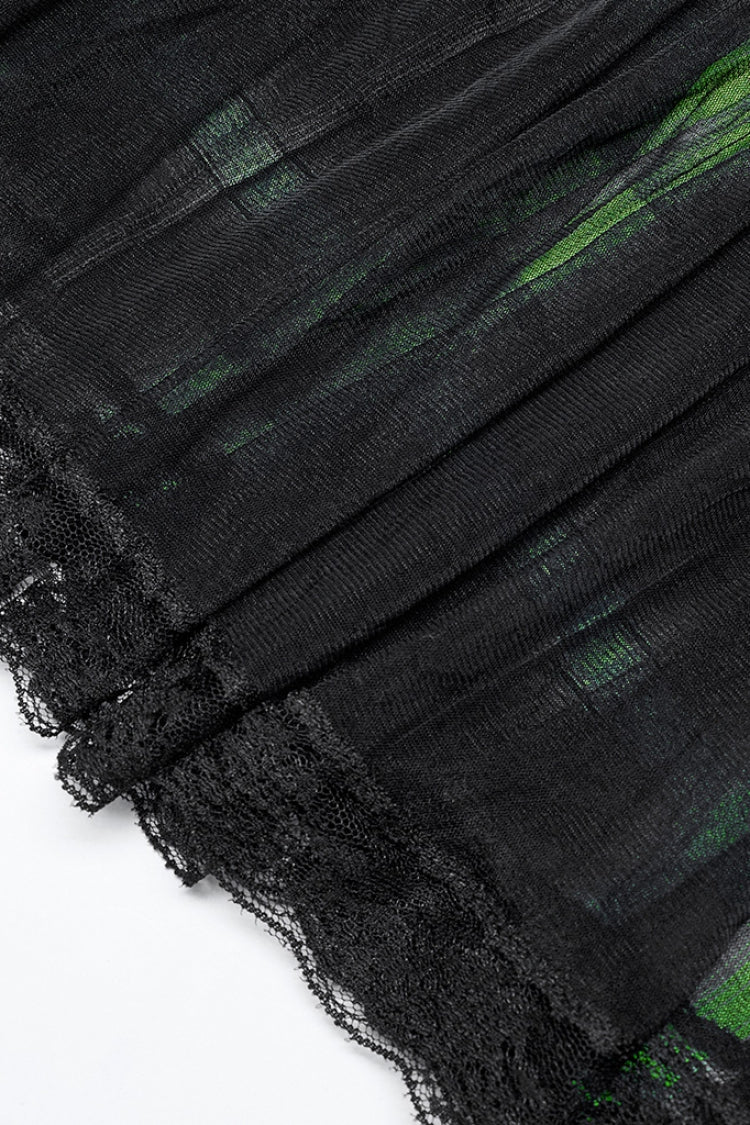 Black/Green Double Breasted Print Ruffle Lace Women's Steampunk Pleated Skirt - Product - 7