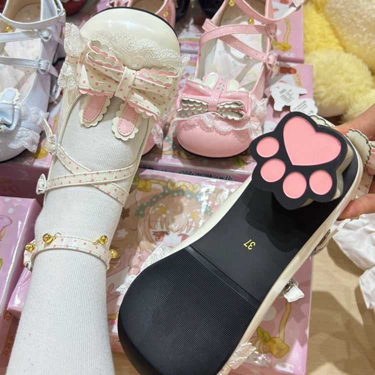 Rabbit Accent Bow Cross-Strap Mid-Heel Lolita Shoes with Cat Paw Heels and Ankle Bells - White - 1