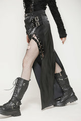 Black Leather Women's Punk Buckled Side Slit Irregular Hem Skirt - Product - 6