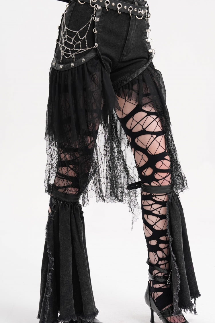Black Chain Irregular Mesh Ripped Hem Women's Gothic Shorts - Product - 8