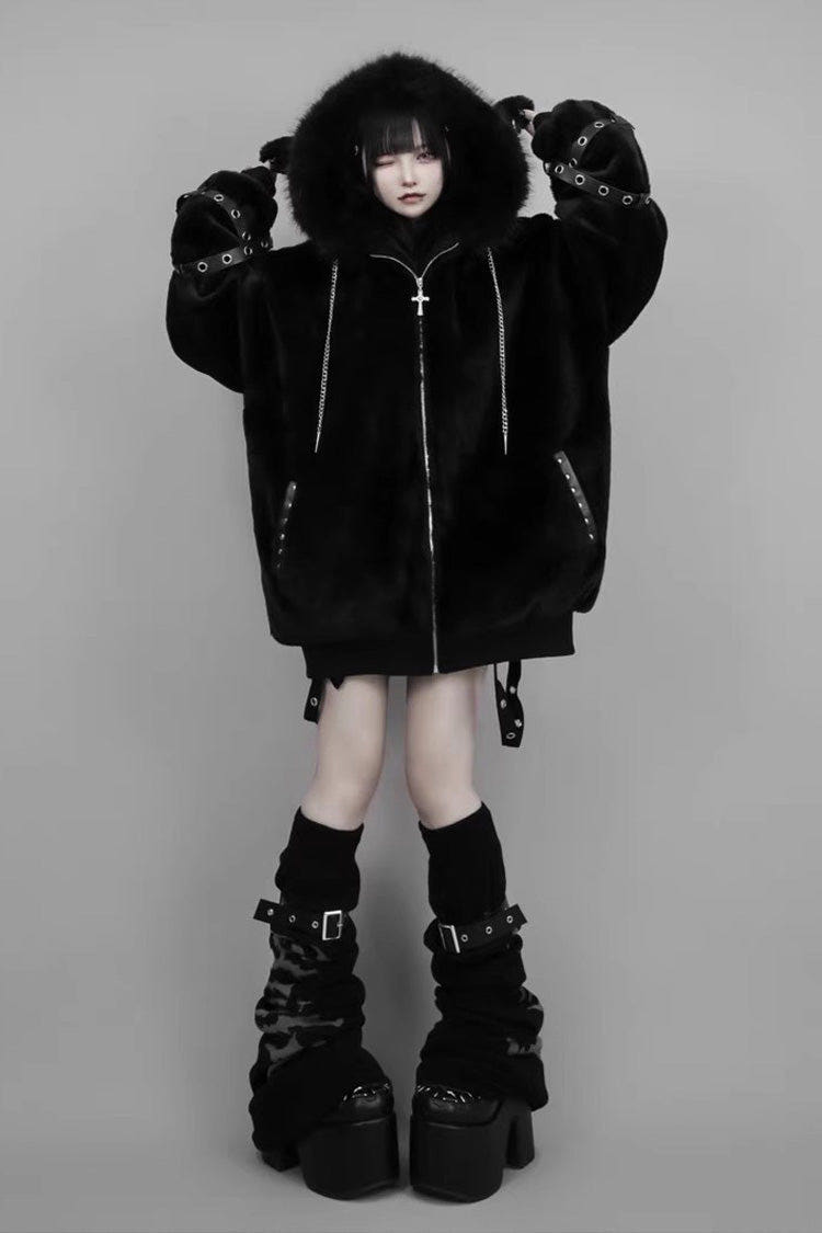 Black Long Sleeves Lamb Ears Hooded Rivet Punk Japanese Jirai Kei Coat - Black - 1