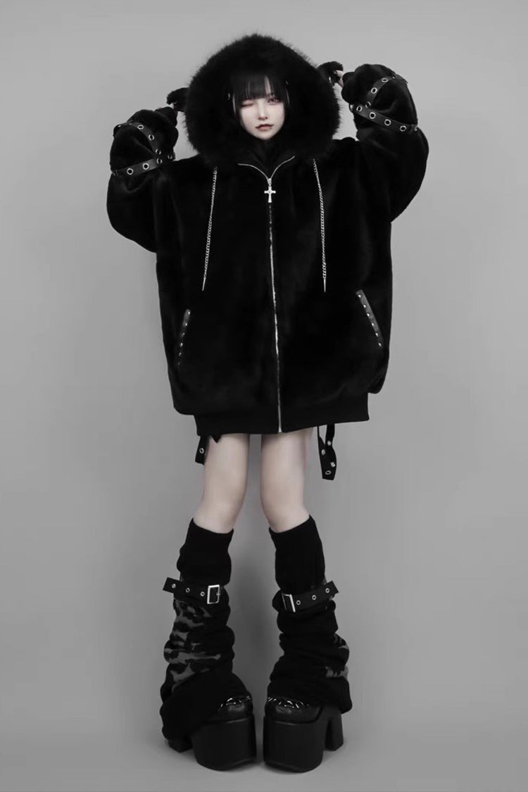 Black Long Sleeves Lamb Ears Hooded Rivet Punk Japanese Jirai Kei Coat - Black - 1