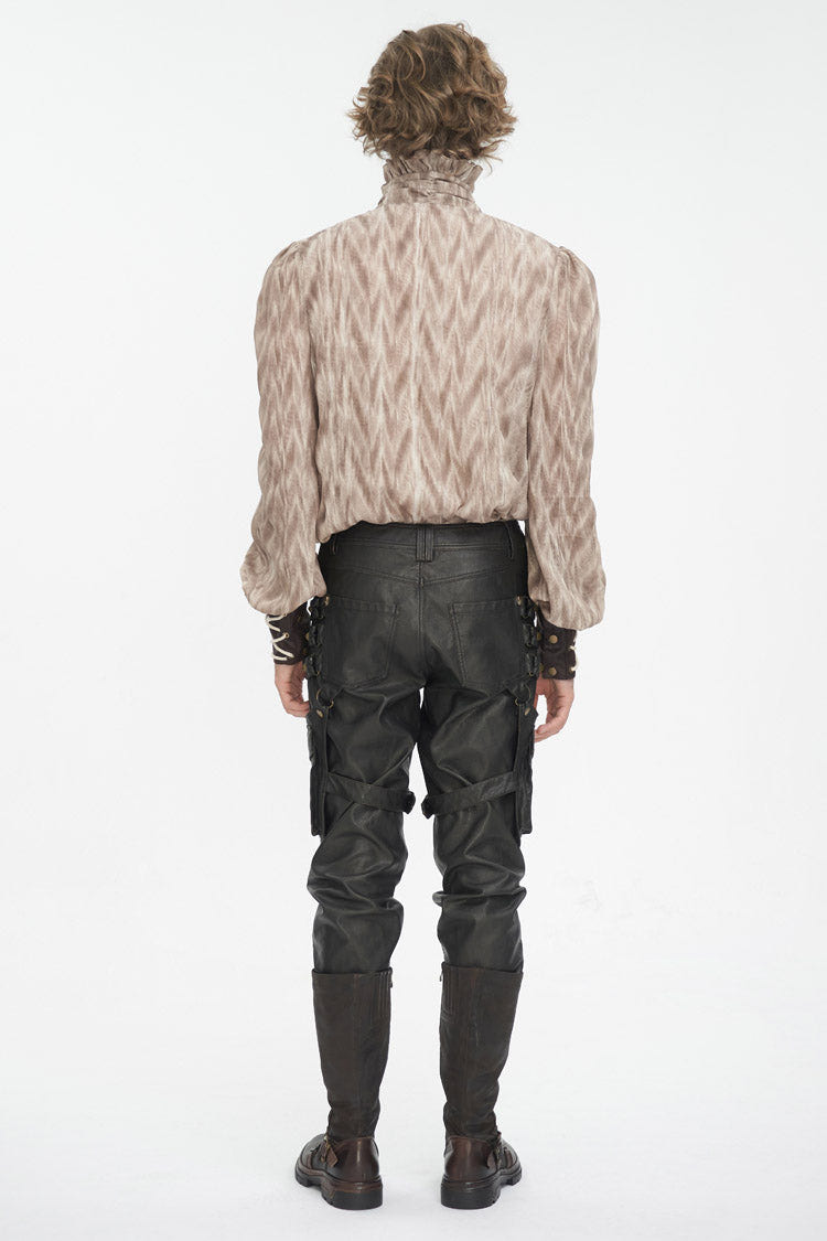 Brown Ruffle Stand Collar Print Lace-Up Men's Gothic Blouse - Product - 4