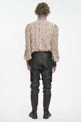 Brown Ruffle Stand Collar Print Lace-Up Men's Gothic Blouse - Product - 4