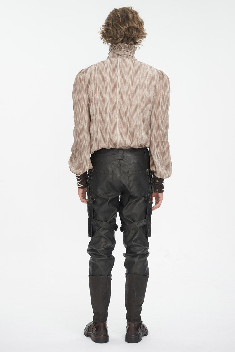 Brown Ruffle Stand Collar Print Lace-Up Men's Gothic Blouse - Product - 4