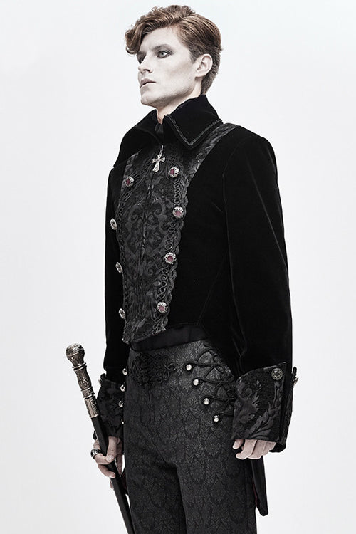 Black Court Pattern Lapel Collar Velvet Mens Gothic Coat - Product - 2
