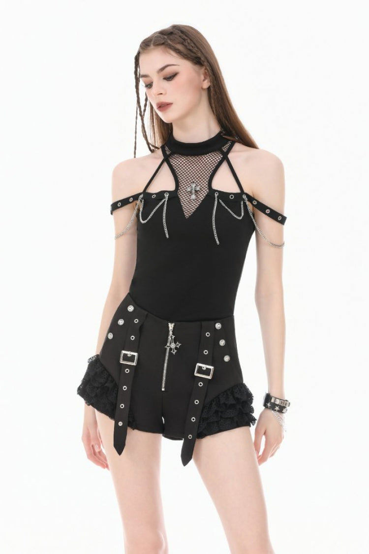 Black Women's Gothic Cross Halterneck Cut-Out Mesh Chain-Decorated Eyelet Tank Top - Black - 1