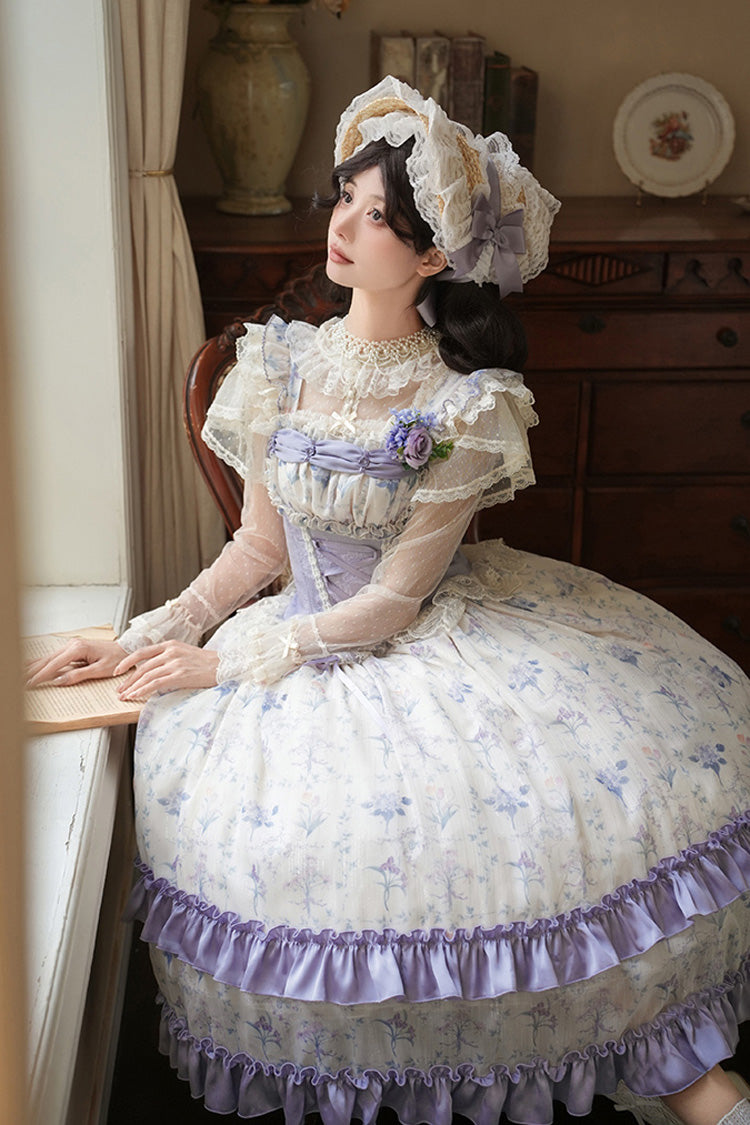 Purple/Ivory [Iris Secrets] Double-Layered Print Ruffle Bowknot Lace-Up Fake Two Pieces Sweet Lolita Jsk Dress - Product - 13