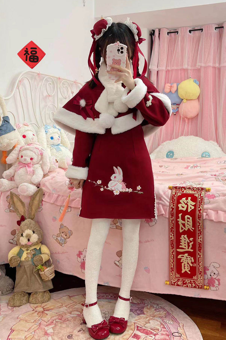 Red [New Year] Rabbit Printed Embroidered Bow Sweet Chinese Style Lolita Dress - Red - 1