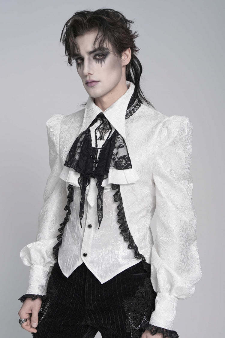 White Jacquard Lace Men's Gothic Royal Cross Beaded Neckwear - Product - 3