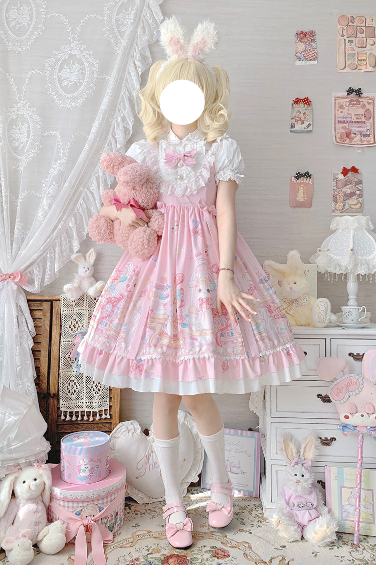 Pink Cute Cat Print High Waisted Ruffle Bowknot Sweet Princess Lolita JSK Dress - Pink - 1