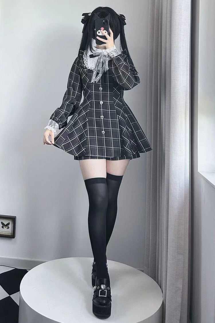 Black/White [Heart-beating Limited] Long Sleeves Plaid Print Print Bowknot Lace Gothic Jirai Kei Dress Set - Product - 8