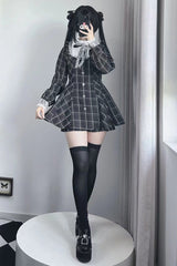Black/White [Heart-beating Limited] Long Sleeves Plaid Print Print Bowknot Lace Gothic Jirai Kei Dress Set - Product - 8