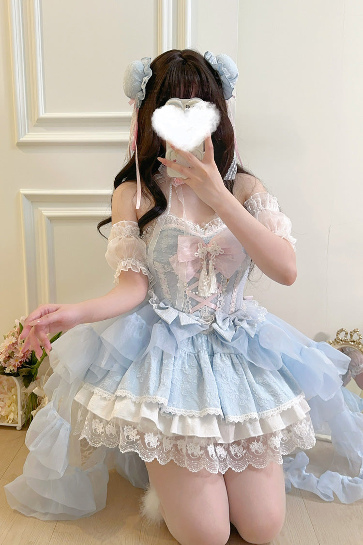 Blue [Rain and Flowers] Halterneck Jacquard Ruffle Bowknot Lace Sweet Lolita Jsk Dress - Product - 2