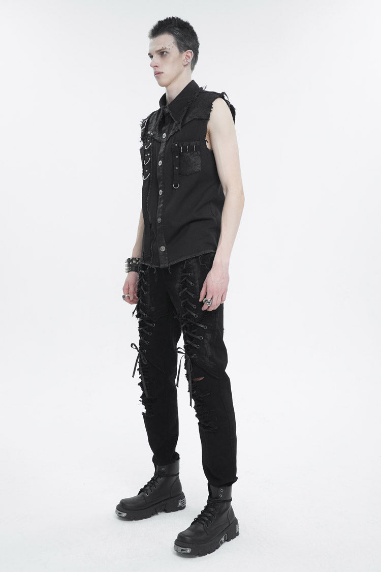 Black Sleeveless Buckle Splice Unedged Men's Punk Vest - Product - 5
