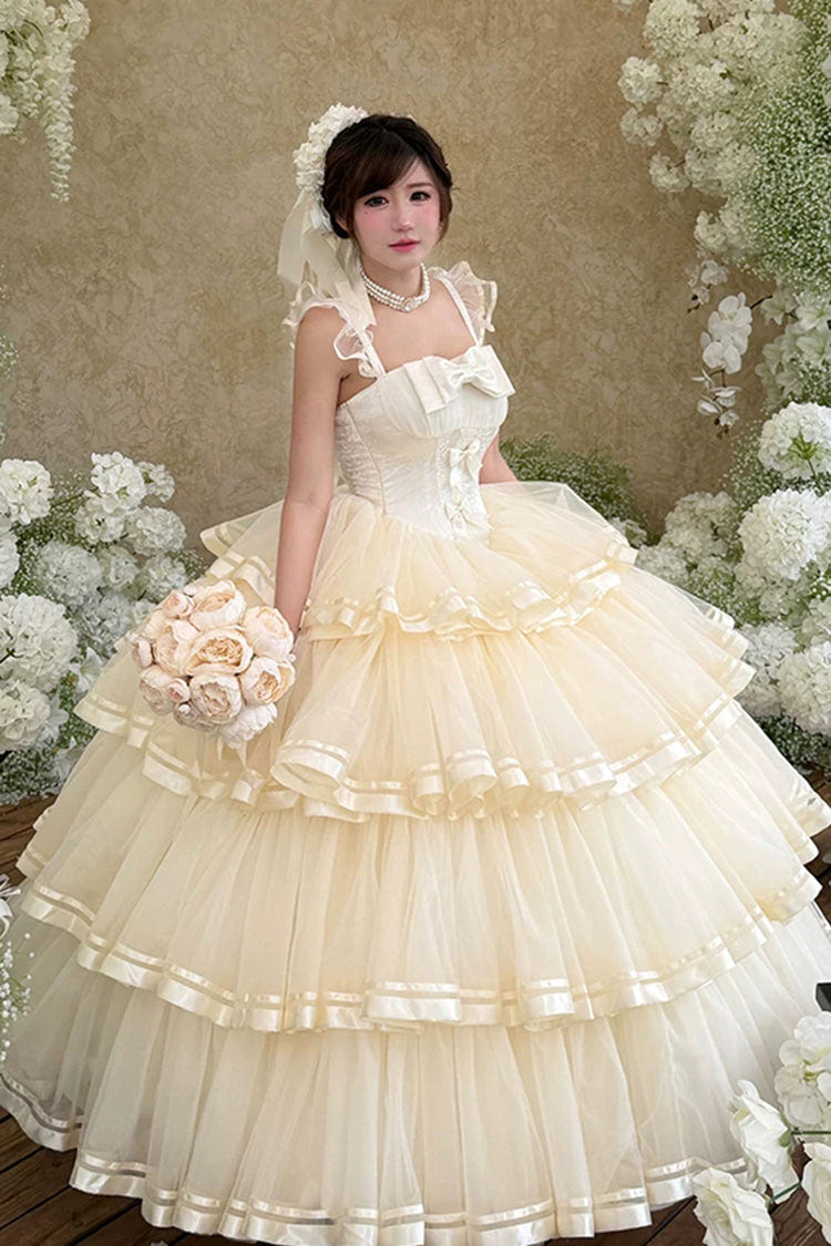 Apricot [Sweet Organza Satin] Sleeveless Multi-Layered Ruffled Hanayome Bow Lace Sweet Elegant Princess Lolita Jsk Dress - Product - 7