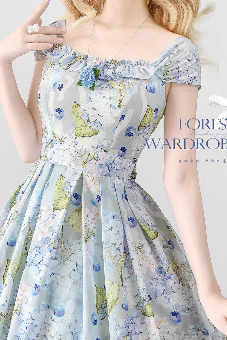 Blue [Forest Basket] Blueberry Hydrangea Print Bowknot Chiffon Sweet Elegant Lolita Jsk Dress - Product - 4