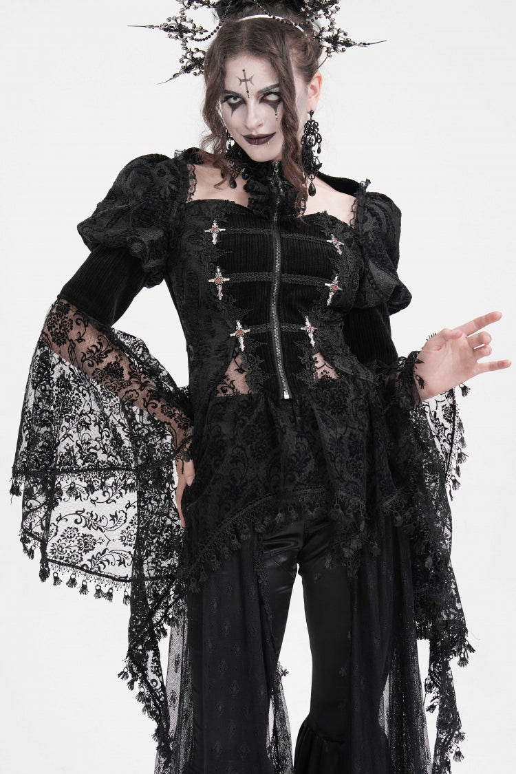 Black Long Sleeves Hollow Lace Tassels Women's Gothic Jacket - Black - 1