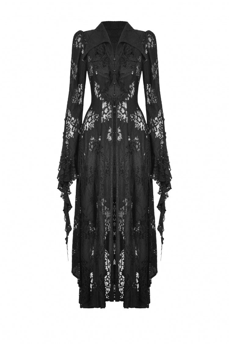 Black Lapel Collar Long Sleeves Ruffled Irregular Lace Lace-Up Women's Gothic Jacket Dress - Product - 3