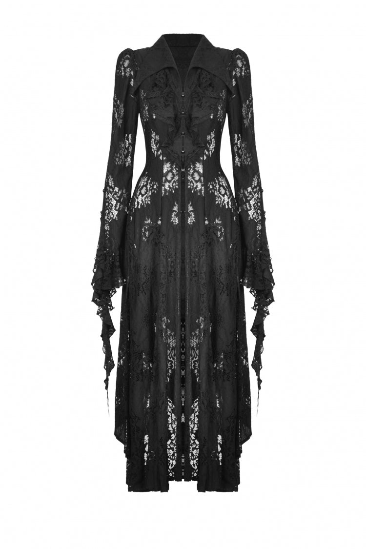 Black Lapel Collar Long Sleeves Ruffled Irregular Lace Lace-Up Women's Gothic Jacket Dress - Product - 3
