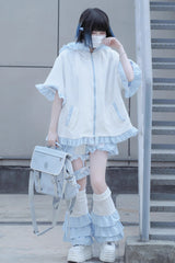 White/Blue Heart Signal Half Sleeves Plaid Print Hooded Sweet Jirai Kei Japanese Coat - White/Blue - 1