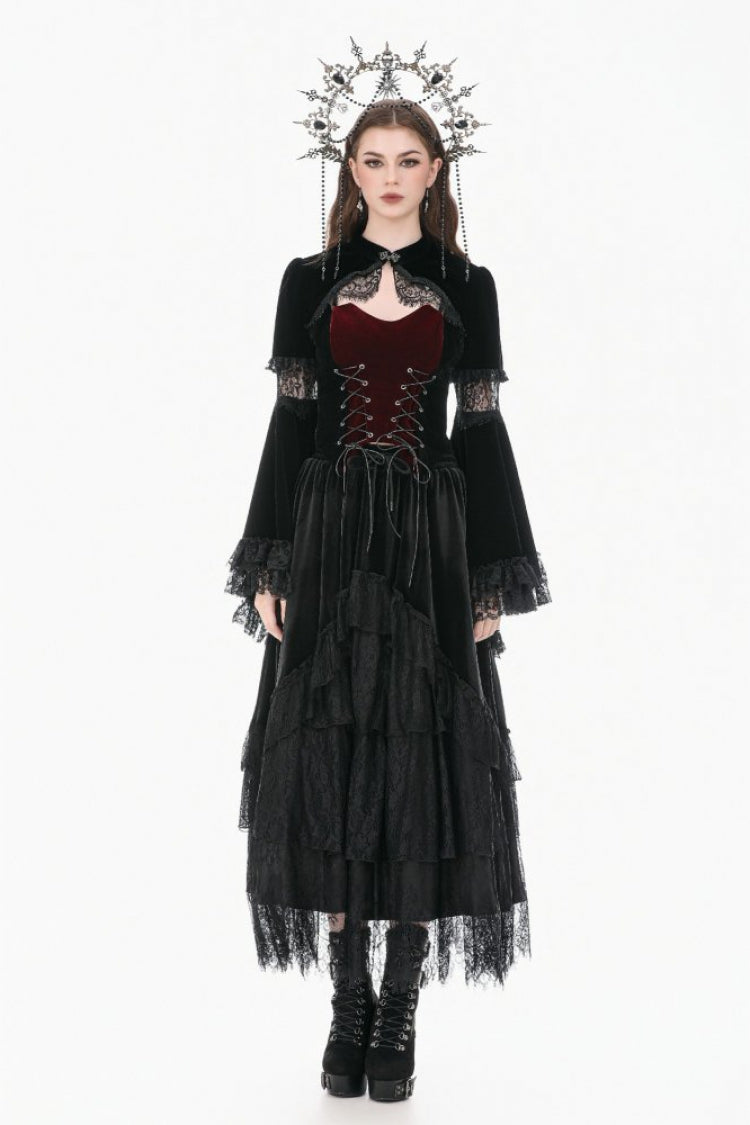 Black Keyhole Mandarin Collar Long Flare Sleeves Velvet Splice Lace Women's Gothic Shrug - Product - 5